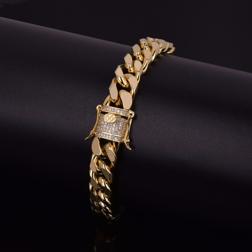 Mens Iced 11mm 24k Gold 925 Silver Hip Hop Miami Cuban Link Bracelet