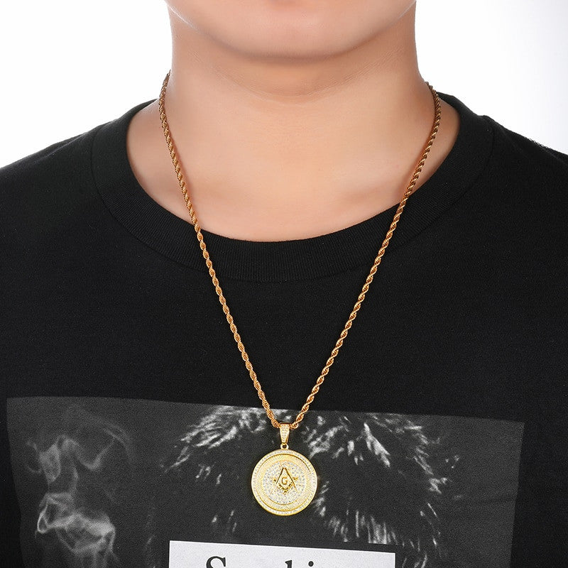 Hip Hop Flooded Ice AAA Micro Pave Stone Masonic 14k Gold Bling Pendant