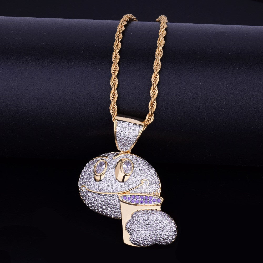 18k Gold .925 Silver Drunk Lean Emoji Holding Purple Cup AAA Micro Pave Pendant Chain Necklace