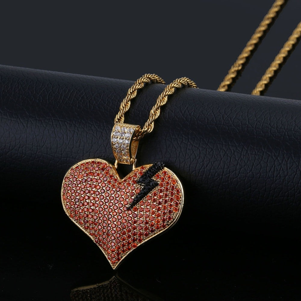 Red AAA Simulate Diamond 14k Gold Broken Heart With Lightning Bold Pendant Chain Necklace