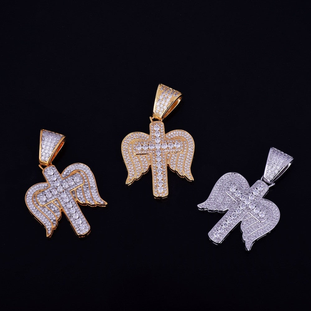 Flooded Ice 18k Gold .925 Silver Cross Angel Wings Hip Hop Necklace Chain Pendant