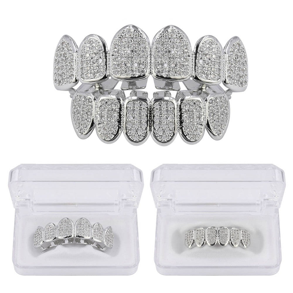 Classic 6 Tooth Teeth Micro Pave Iced Grillz Set Gold Silver Teeth Grillz Top Bottom