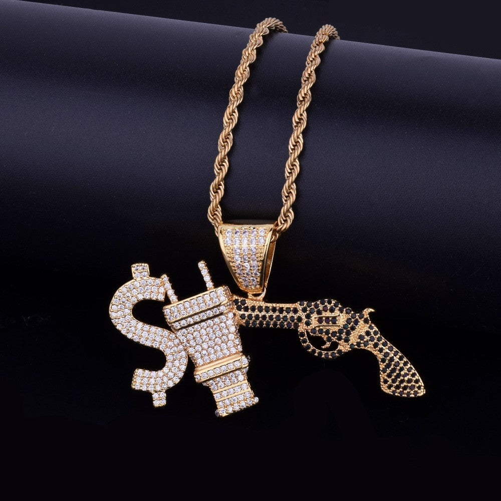 18k Gold Money Power Respect AAA True Micro Pave Stone Hip Hop Pendant Chain Necklace