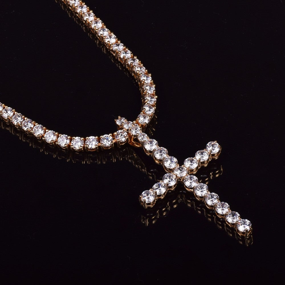 22k Gold .925 Silver 5mm Flooded Ice AAA Micro Pave All Iced Classic Cross Hip Hop Pendant Chain Necklace