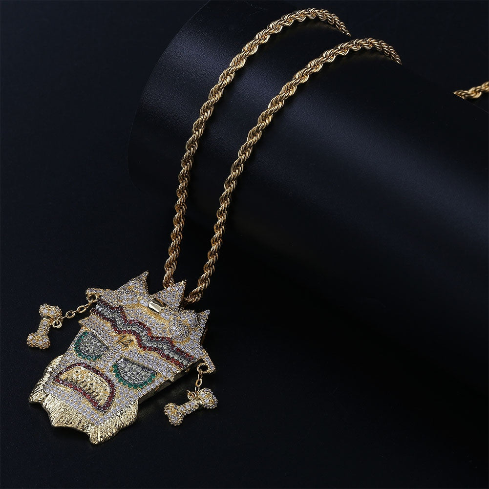 Flooded Ice AAA Micro Pave UKA UKA 18k Gold Mask Solid Pendant Chain Necklace