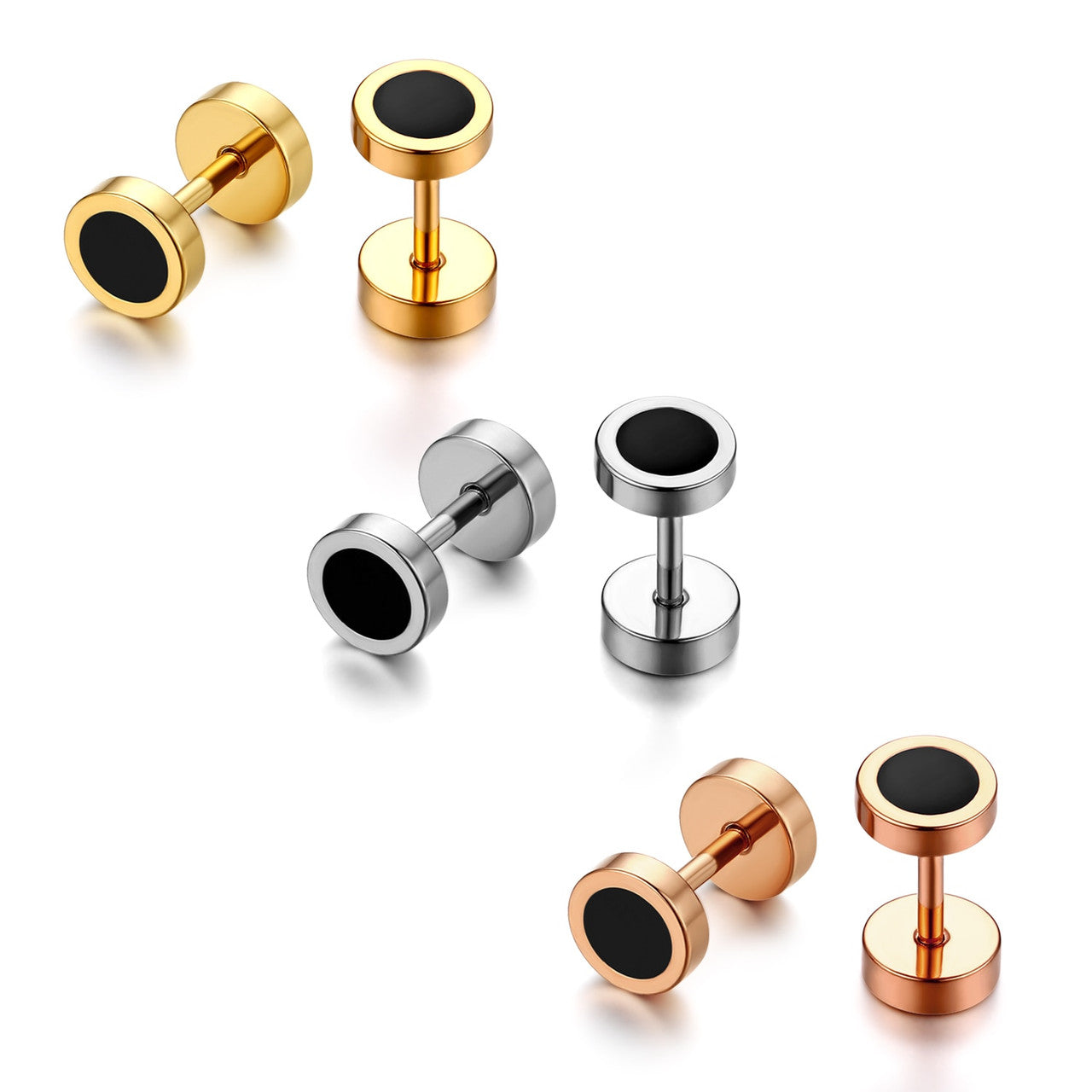 6mm - 12mm Gold Silver Black White Hole Style Screw Back Stainless Steel Earrings