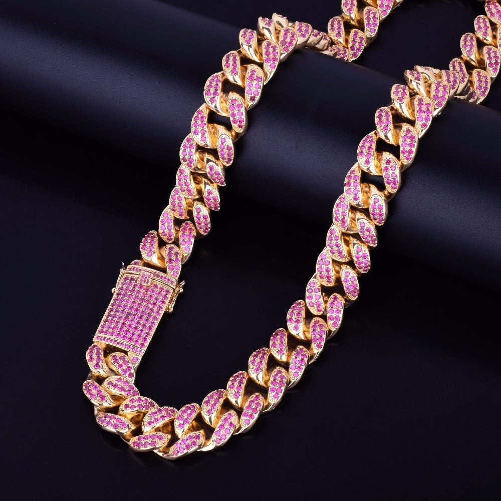 Iced Pink Blinged Out Micro Pave Stone Miami Cuban Link Chain Necklace
