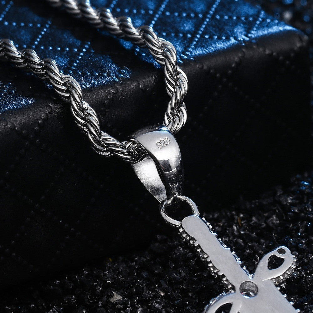 Solid .925 Sterling Silver Ancient Dagger Cross Bling Pendant Chain Necklace