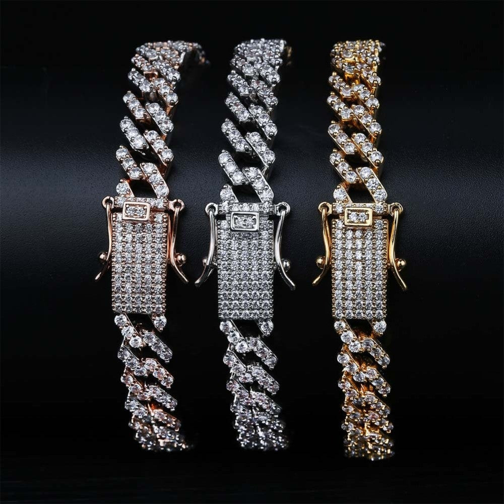 Hip Hop Slim Cut Rose Gold Silver 14k Bling AAA Micro Pave Cuban Link Bracelet