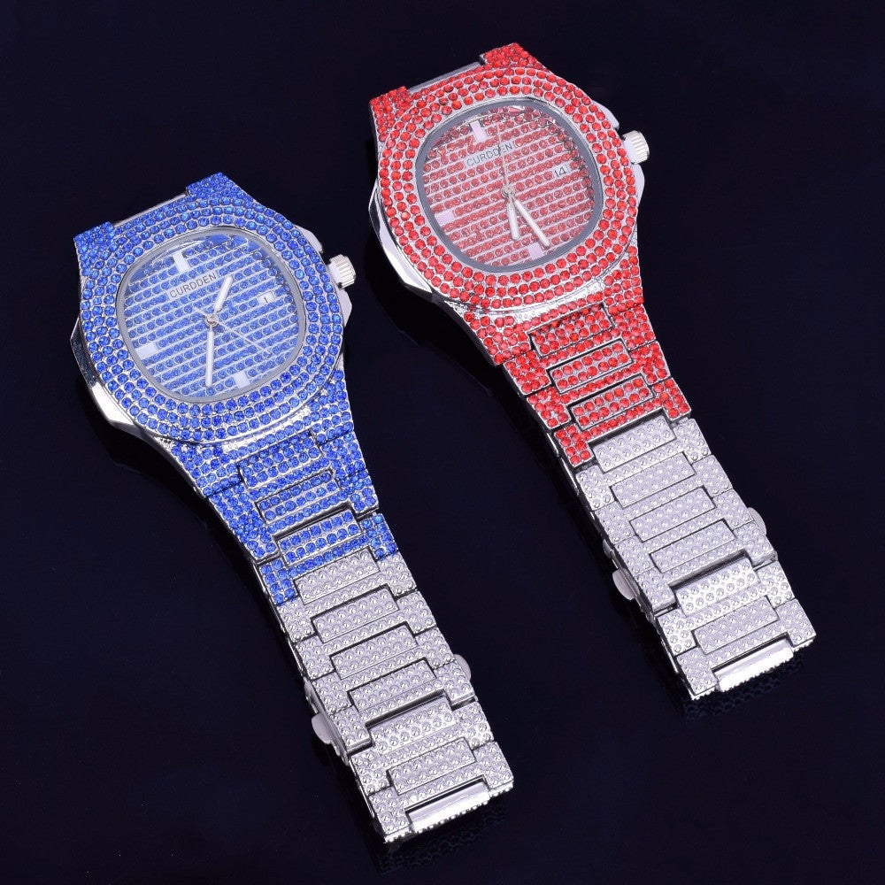 Red Lab Diamond Iced Faced Silver Stainless Steel Luxury Bling Wristwatch
