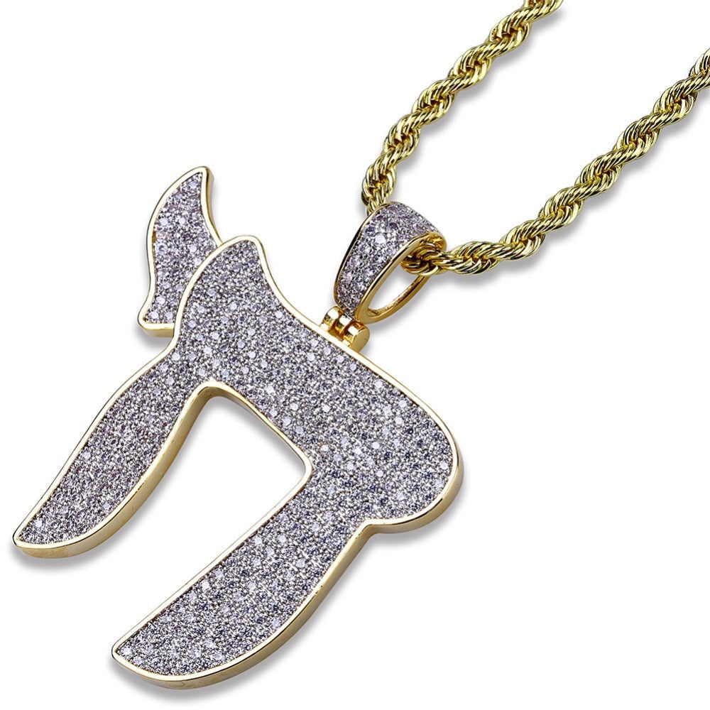 AAA Micro Pave Stone 14k Gold Stone Jewish Symbol Chai Pendant Chain Necklace
