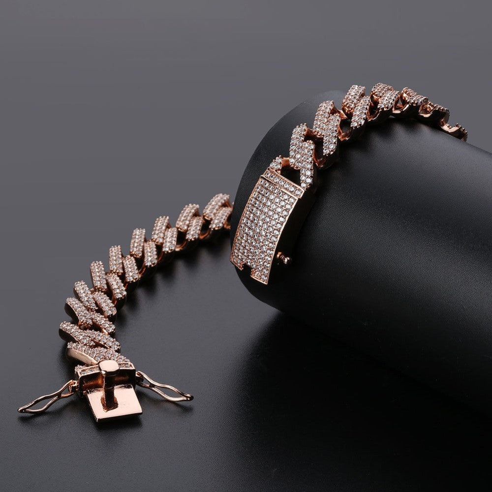 Micro Pave Flooded Ice 14mm Miami Cuban Link Rose Gold Silver Hip Hop Chain Necklace