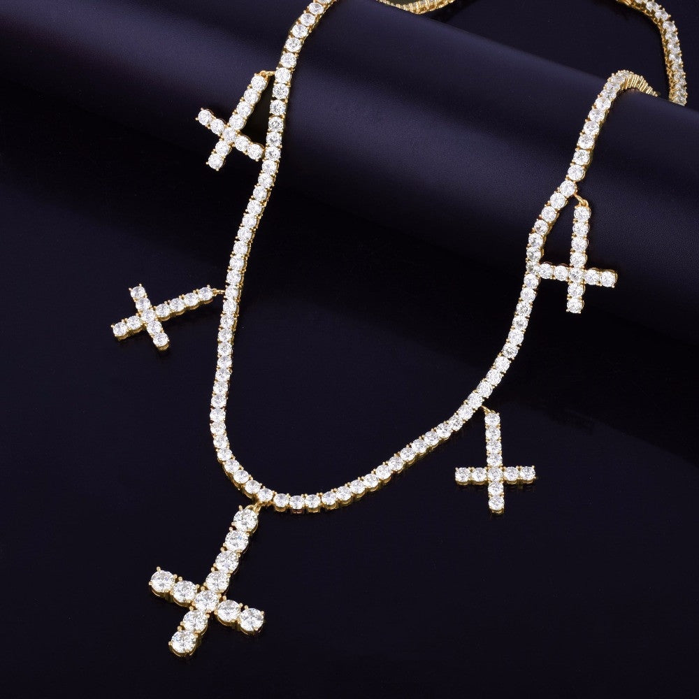 18k Gold .925 Silver AAA True Micro Pave Flooded Ice Upside Down Peter Cross Stone Chain Necklace