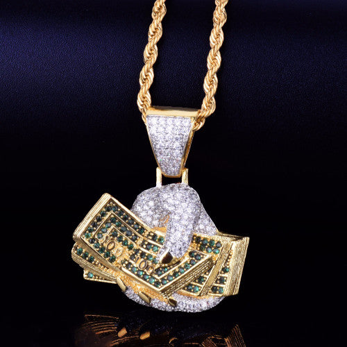 Money Hand 18k Gold AAA True Micro Pave Hip Hop Pendant Chain Necklace