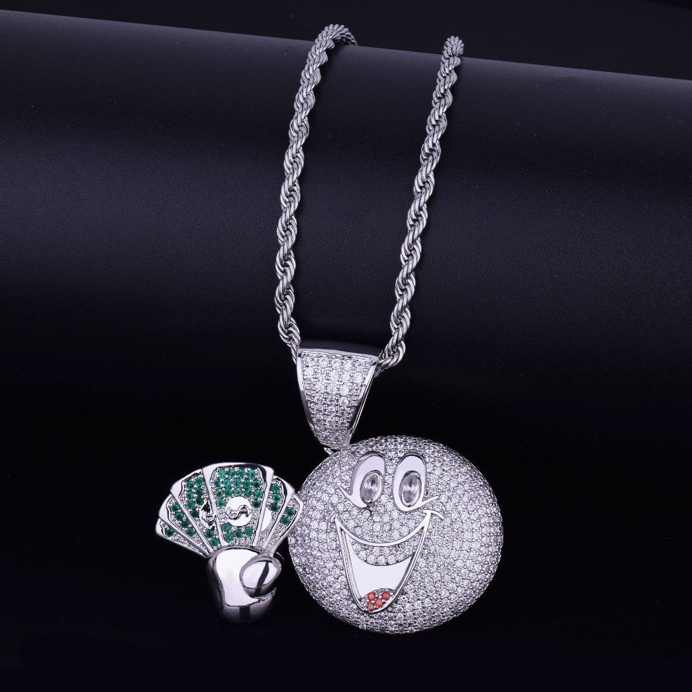 18k Gold .925 Silver Smiling Hip Hop Cash Money Man Emoji Face Pendant Chain Necklace