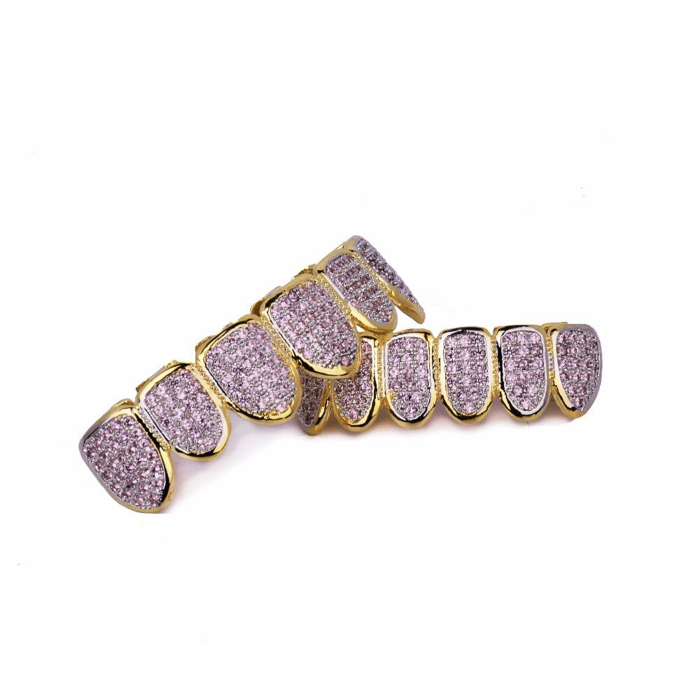 Hip Hop 14k Gold Color Pink Micro Pave Simulate Diamond Blinged Out Teeth Grillz Set
