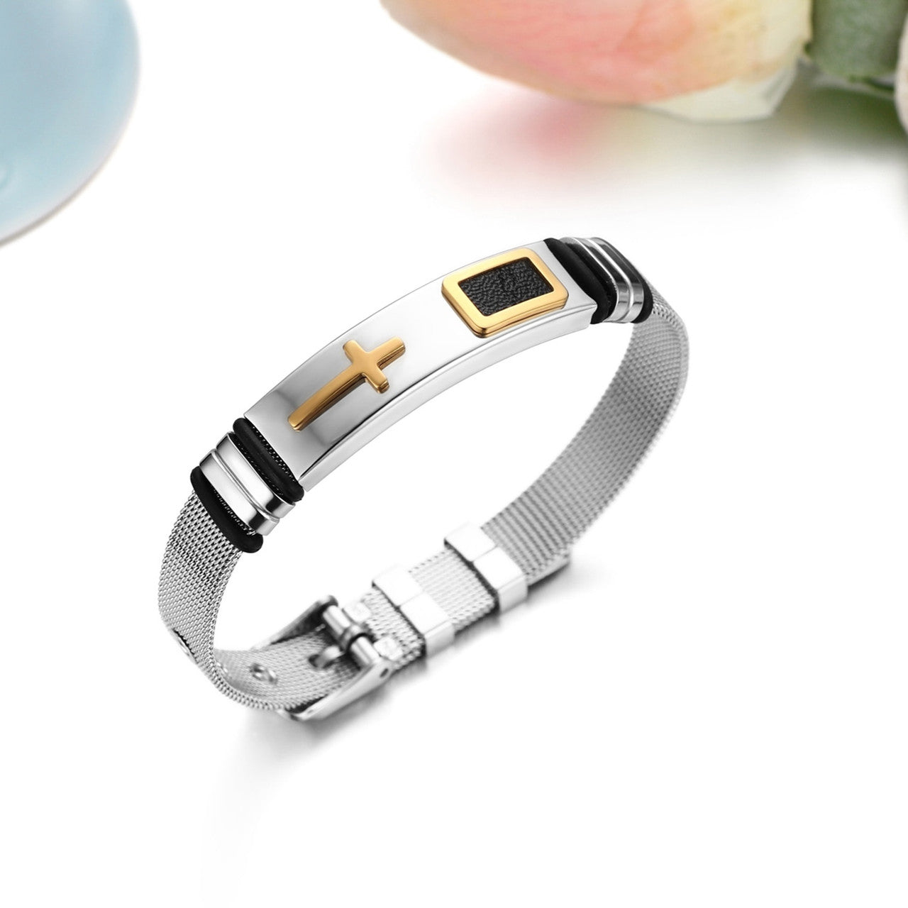 Mens 14k Gold Silver over Stainless Steel Cross Adjustable Bracelet