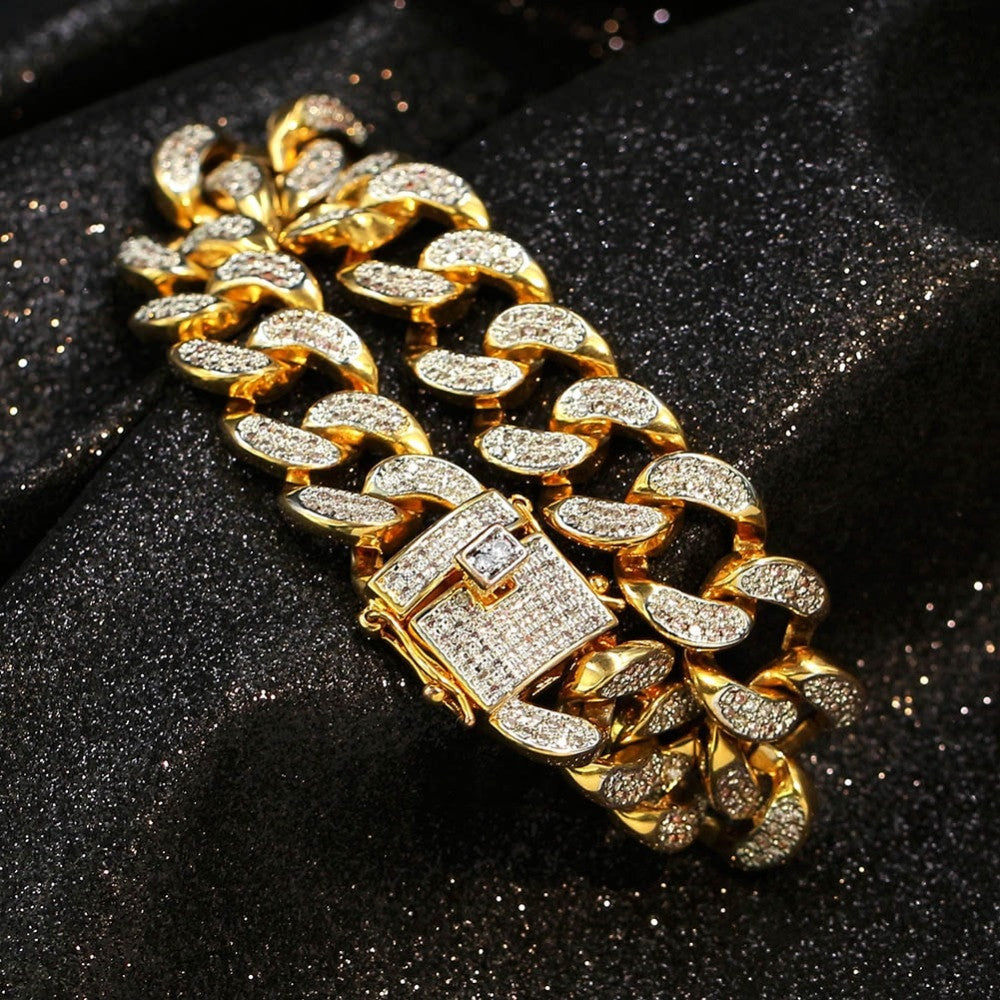 Hip Hop 14mm AAA True Micro Pave Flooded Ice Gold Silver Cuban Link Bracelet