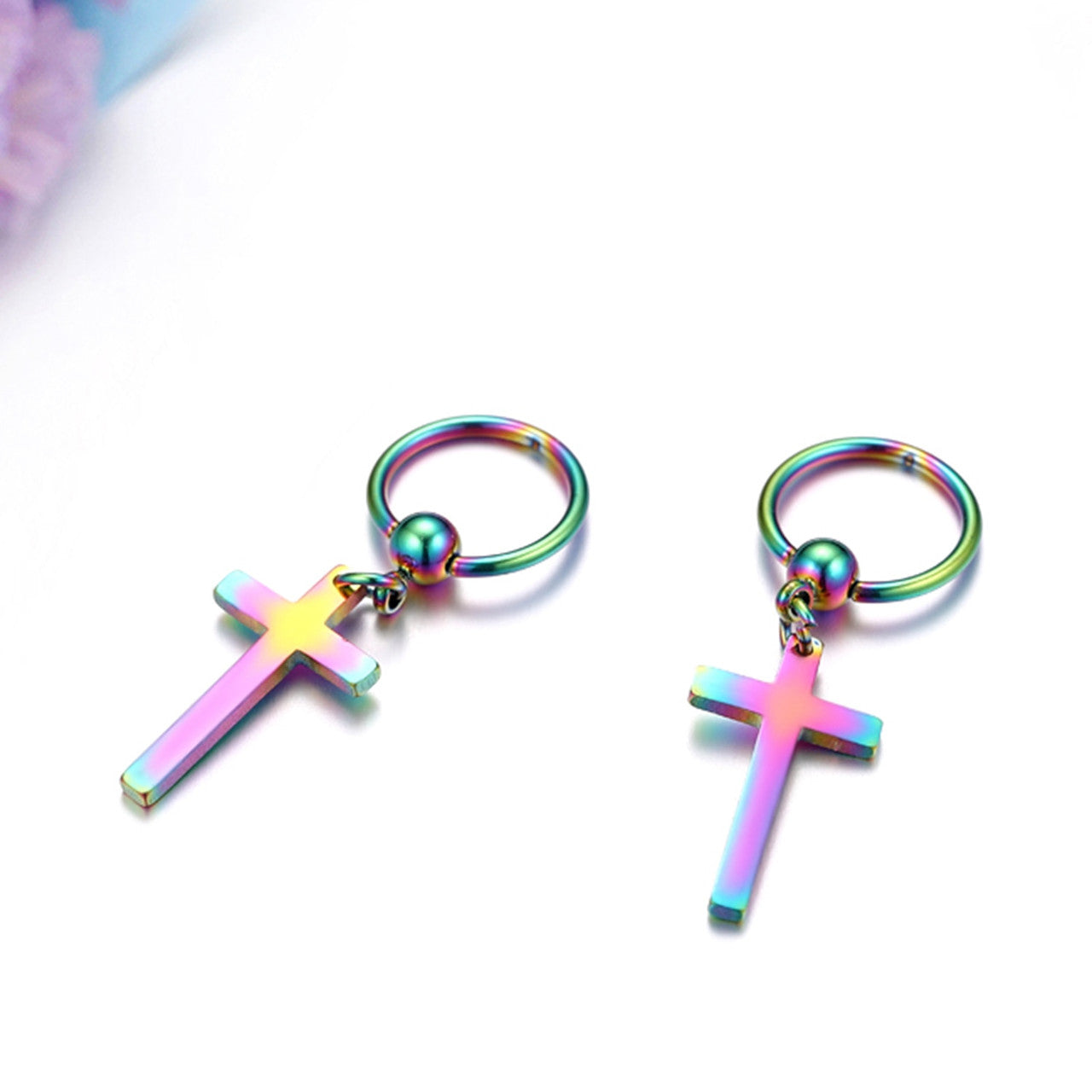 High Fashion Dangle Hoop Cross Gold Black Silver Rainbow Solid 316 Stainless Steel Earrings