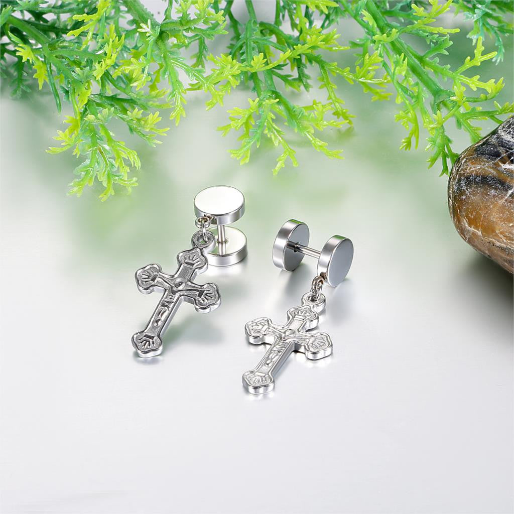 No Fade Stainless Steel Jesus Cross Crucifix Screw Back Earrings