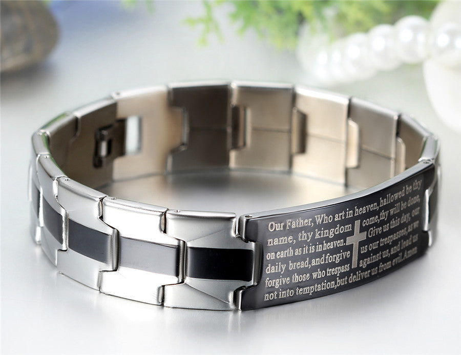 Polished Black Stainless Steel Mens Lords Prayer High Fashion Bracelets