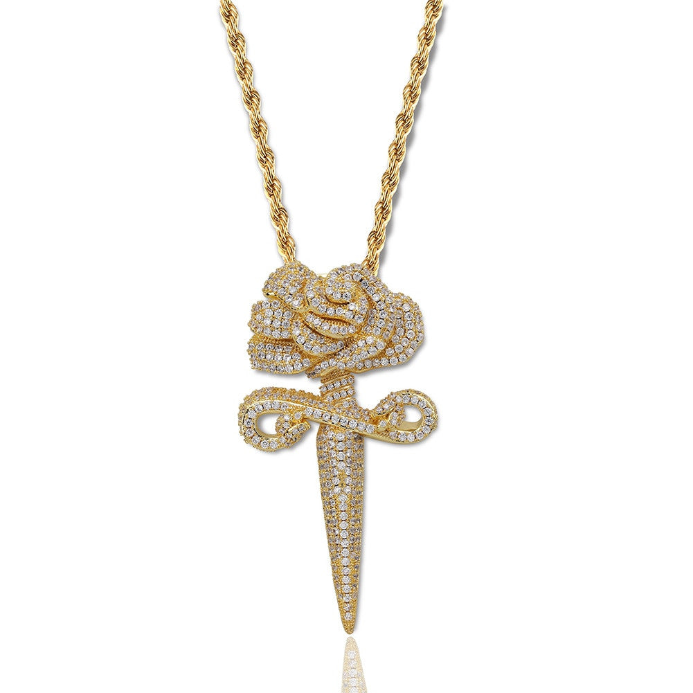 Love and War Flooded Ice Rose Flower Dagger 14k Gold 925 Silver Hip Hop Pendant Chain Necklace