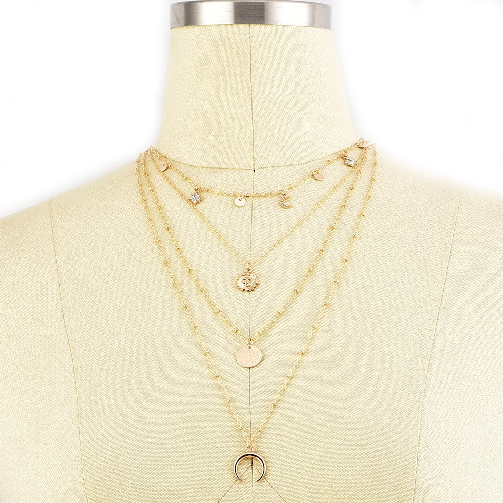 Crystal Stars Moon Tarot Symbol Boho Fashion Gold 4 Piece Necklace Set