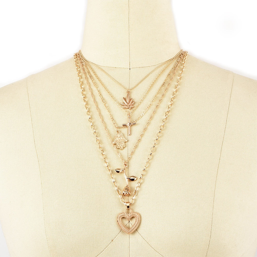 Womens Weed Fashion Peach Heart Rose Multi layer Clavicle Boho Necklace Gold 5 Piece Set