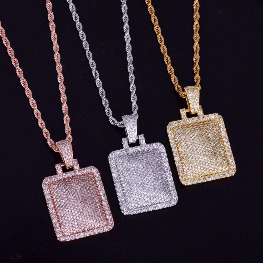Iced 18k .925 Silver Rose Gold Micro Pave Square Big Boy Hip Hop Pendant Chain Necklace