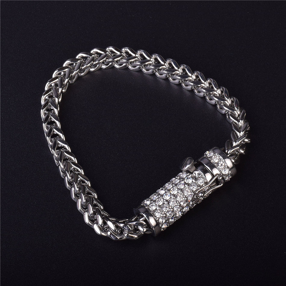 14k Gold Box Clasp Simulated Diamond Fox Franco Link Stainless Steel Bracelet