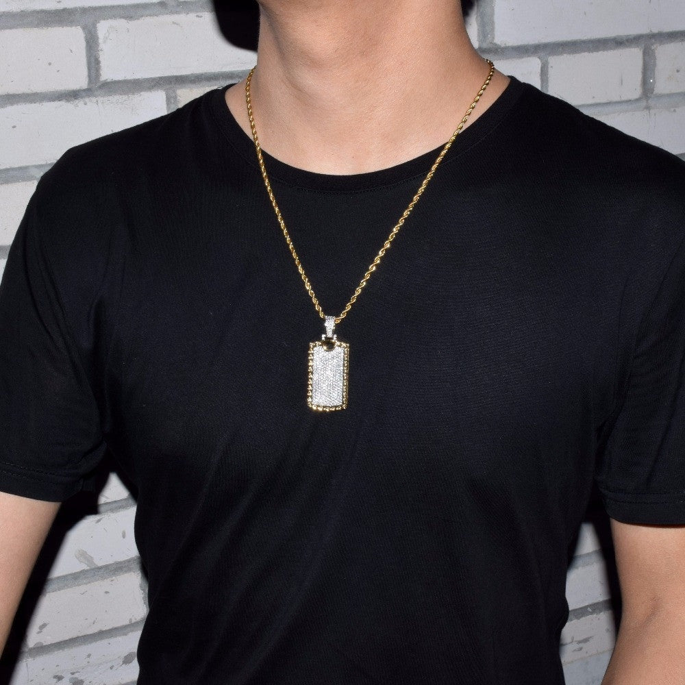 18k AAA Micro Pave Flooded Ice Cage Dog Tag Pendant Hip Hop Chain Necklace