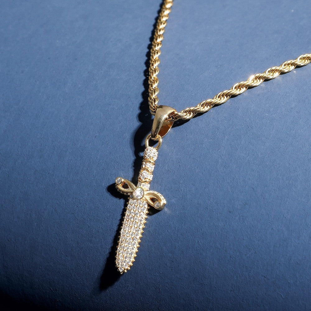 Solid .925 Sterling Silver Ancient Dagger Cross Bling Pendant Chain Necklace