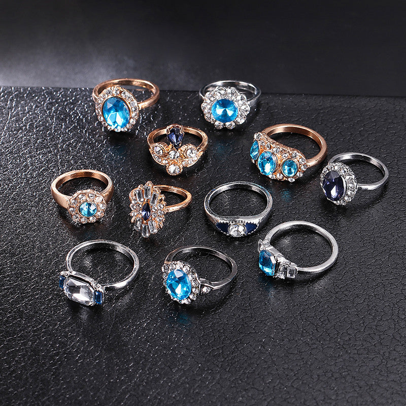 11 Piece Delicate Luxury Women Blue Crystal Water Drop Flower Ring Jewelry Set