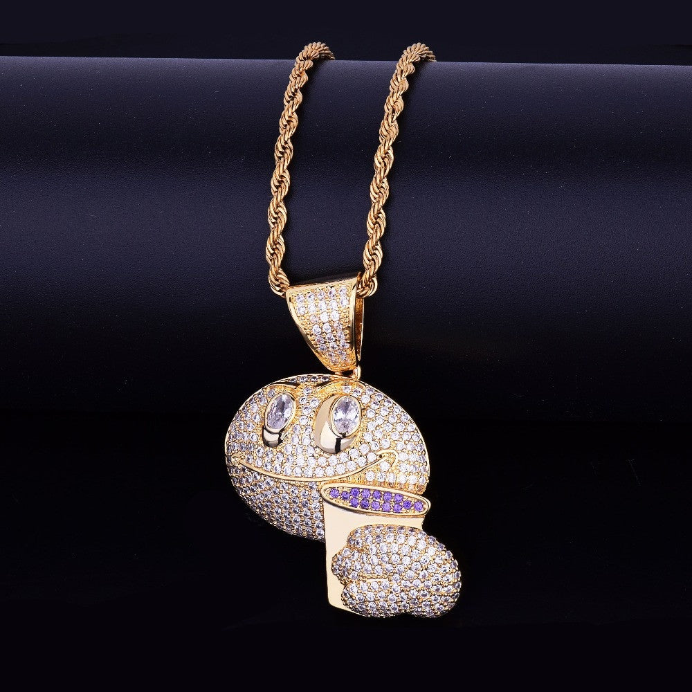 18k Gold .925 Silver Drunk Lean Emoji Holding Purple Cup AAA Micro Pave Pendant Chain Necklace