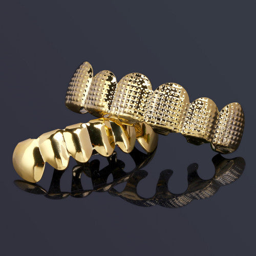 Hip Hop Gold Star Studded Grid Teeth Grillz Top Bottom Set