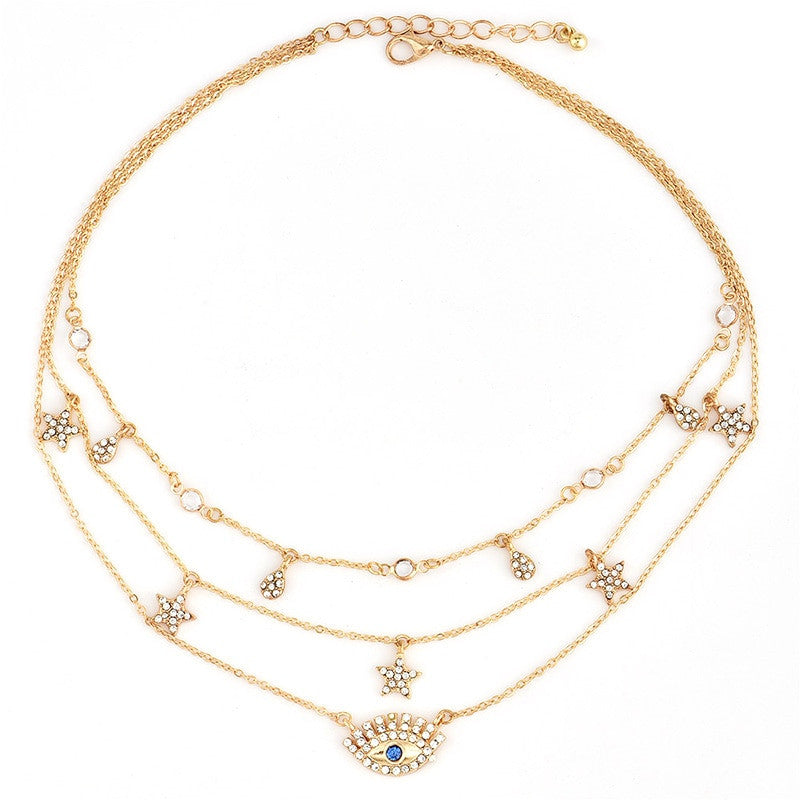 Ladies Stars Water Drops All Seeing Eye Crystal Gem 3 Piece Boho Necklace Set Gold