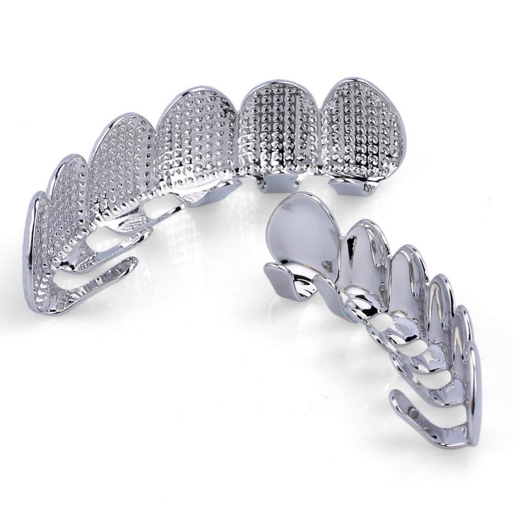 Hip Hop Gold Star Studded Grid Teeth Grillz Top Bottom Set