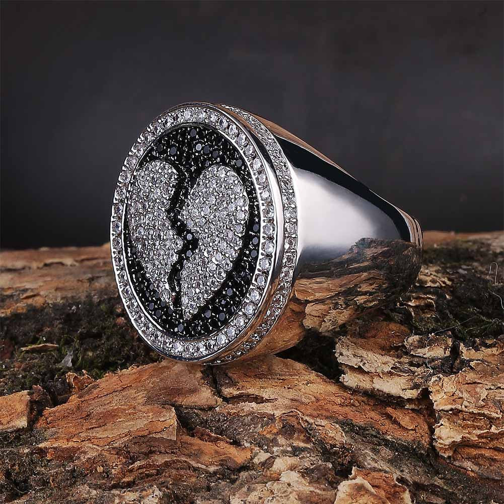 Broken Heart Flooded Ice Bling AAA Micro Pave Stone Hip Hop Ring Jewelry