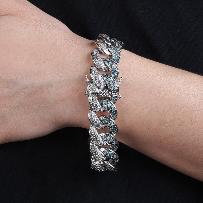 Custom 18MM Flooded Ice Mint Blue AAA Micro Pave Stone Miami Cuban Link Hip Hop Chain Bracelet Set