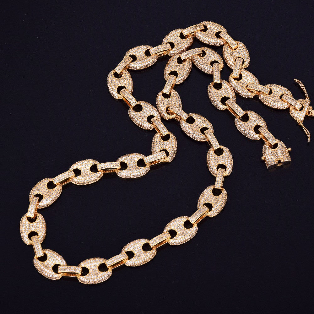 Mens Fooded Ice 12MM 18k Gold Silver Marine G Link Hip Hop Chain Necklace