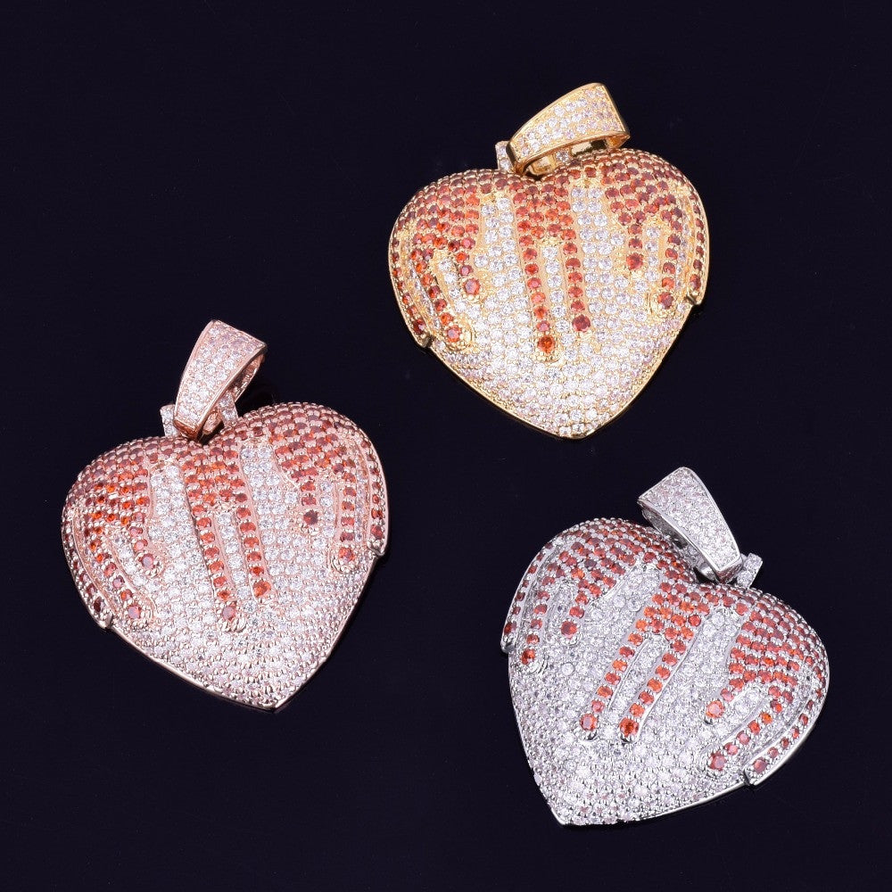 18k Rose Gold .925 Silver Blood Overflowing Heart AAA Micro Pave Hip Hop Pendant Chain Necklace
