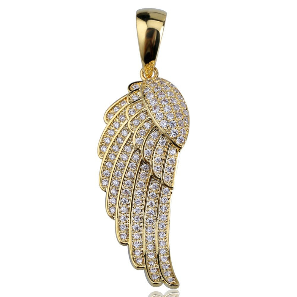 14k Gold 925 Silver Flooded Ice Angel Wings Hip Hop Pendant Chain Necklace