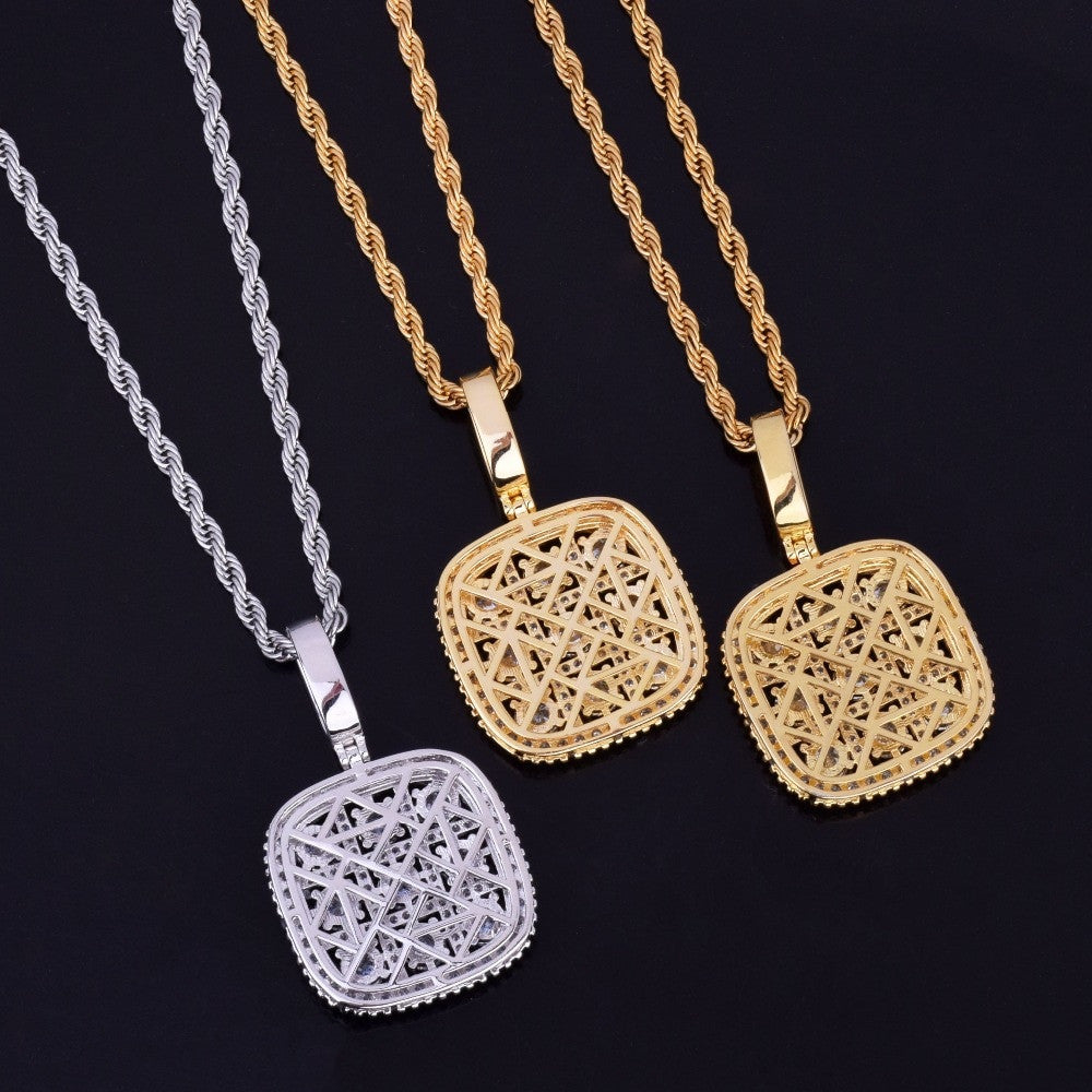 Big Boy Flooded Ice 18k Gold .925 Silver Solitaire Square Cluster Pendant Chain