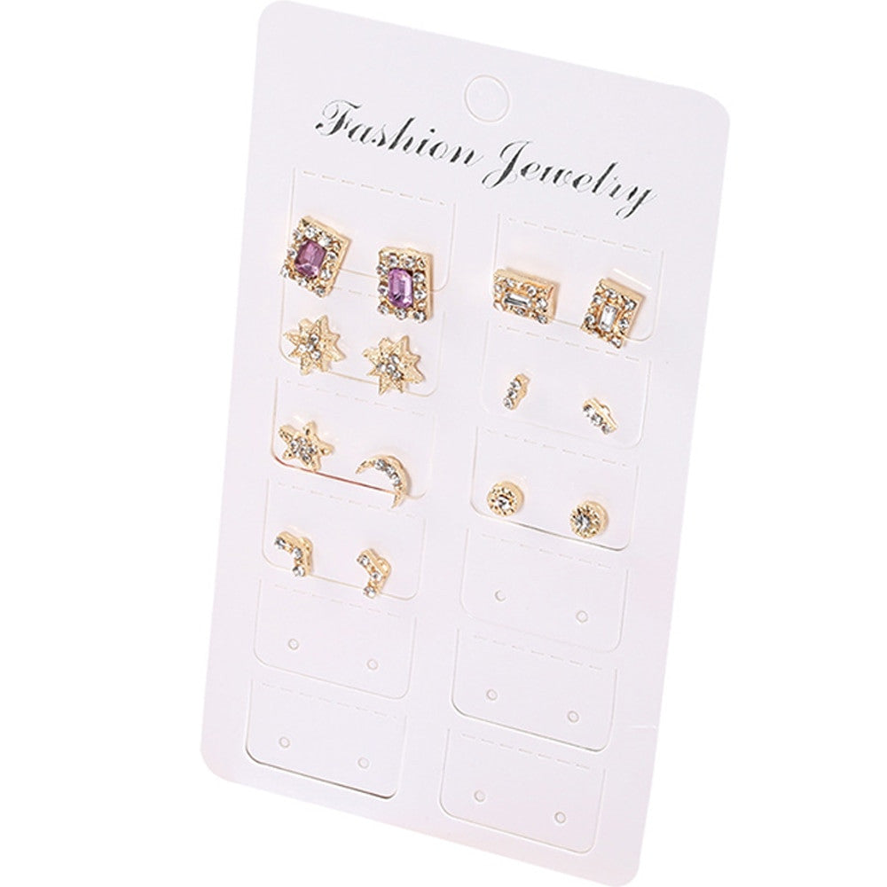 Ladies 14 Piece Fashion Gold Sun Moon Crystal Stud Earring Set