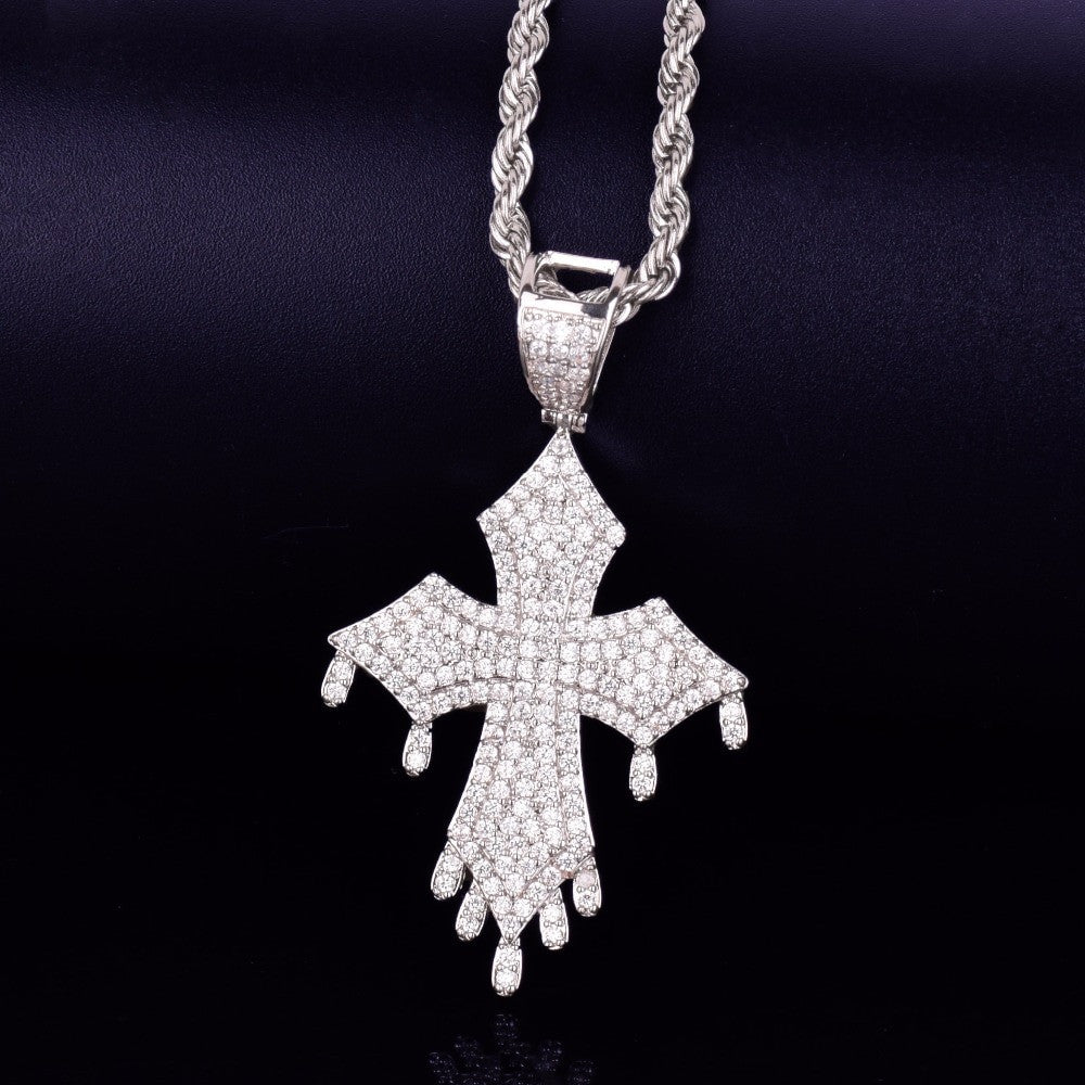 AAA True Micro Pave 18k Gold .925 Silver Rose Gold Drip Drop Cross Hip Hop Pendant Chain Necklace