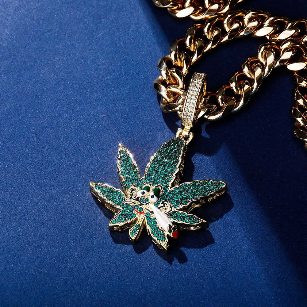 Flooded Ice Green Smoking Leaf Hip Hop Weed Pendant Bling Chain Necklace