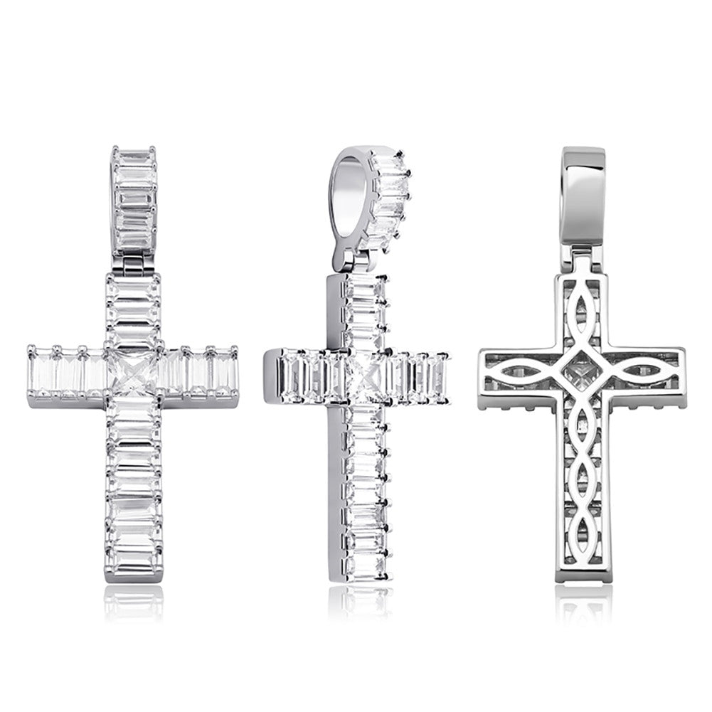 Mens Hip Hop All Squared Baguette Micro Prong Set Bling Cross Pendant