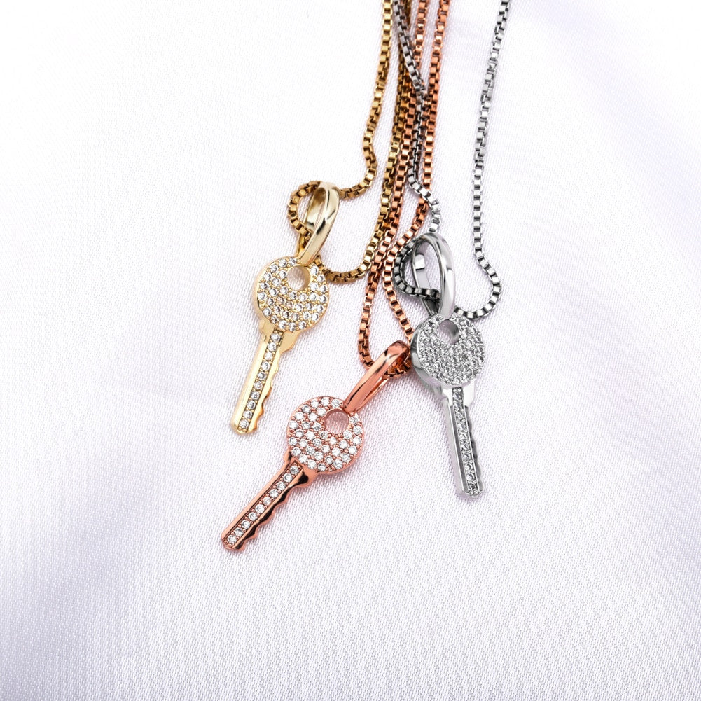 Ladies 925 Sterling Silver Souls Key Pendant Iced Chain Necklace