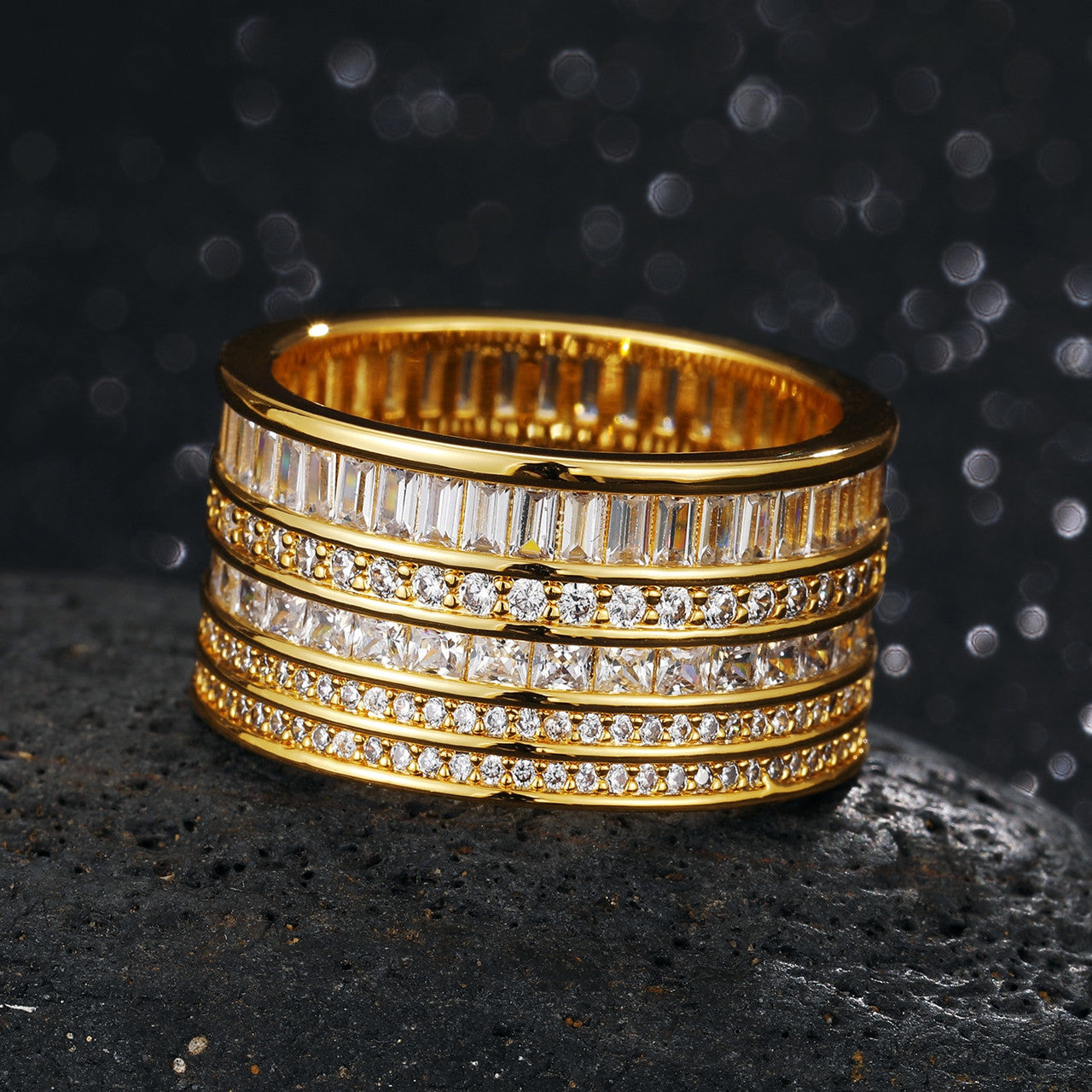 Mens 12mm Iced Baguette Multi Layered Drip Thick Pharaoh Blinged Out Rings
