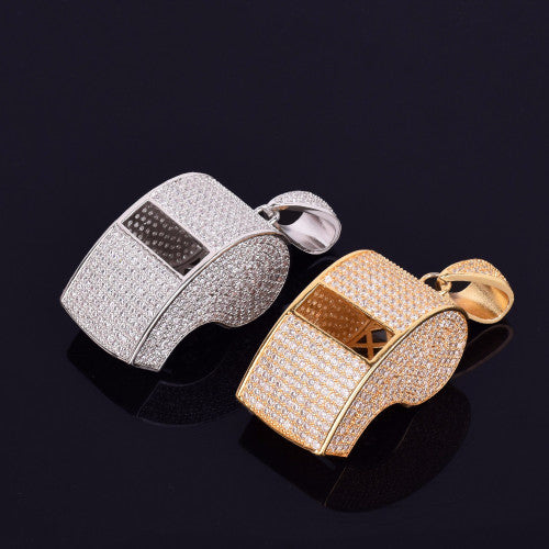 AAA Micro Pave Silver 18k Gold .925 Silver Flooded Ice Hip Hop Whistle Pendant Chain Necklace